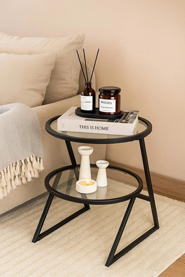 Valencia Yan Sehpa - Siyah Metal Şeffaf Camlı Çok Amaçlı Koltuk Sehpası Zigon Sehpa Servis Sehpası